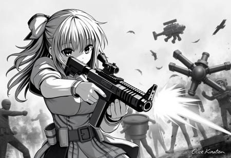 black and white painting of an anime girl holding a machine gun firing at enemy