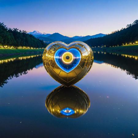 (designed by Hayao Miyazaki:0.7) and (Akira Toriyama:1.1) , anime key visual, Golden ratio, eye-level shot of a Robotic Welcoming ("We are all fools in love.":1.3) , from inside of a Aesthetic Quito, crowded lake and Perseid meteor in background, at Blue hour, FOV 90 degrees, Ultra Real, Flustered, Tonalism, Lens Flare, 80mm, Calotype, League of Legends Splash Art, gilded technique, Unsplash, most beautiful artwork in the world