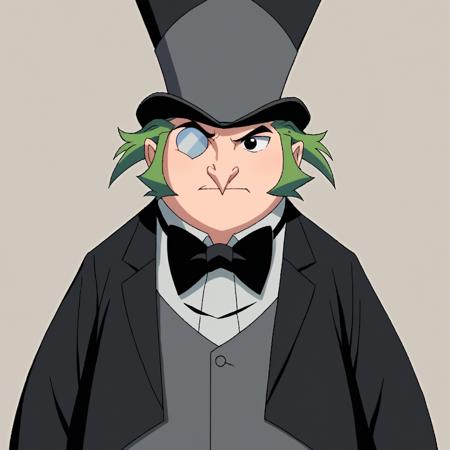 1boy, solo, oswaldcobblepot, green hair, black eyes, pointy nose, monocle white shirt, grey vest, black suit, bowtie, top hat, black pants, black footwear, fat opaque monocle