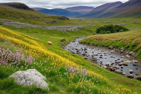 photograph, landscape, scotland, mountains, grassy hills, flowering broom, sheep, rocks, stream, stone walls