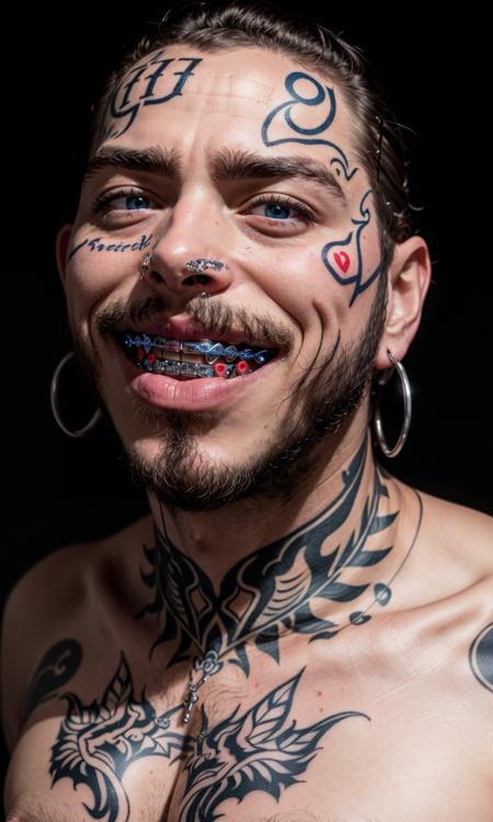 1man, face tattoo, hand tattoo, black tshirt, tshirt designs, grills, braces, short curly hair, detailed skin, writing on face, photorealistic, skin pore, 5 fingers, 5 toes, 8k, uhd, masterpiece, upper body, rapper, postym, Post Malone, beard, blue eyes, rapper chain, 5 fingers,