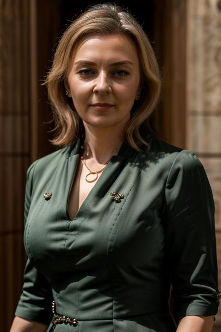 <lora:Liz_Truss:1> masterpiece, best quality, detailed face, 1woman, solo, a mature l1873t, realistic, green dress