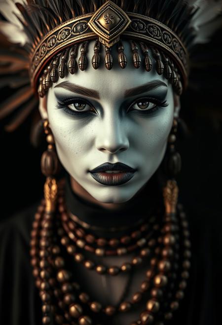 close up shot, front view of a Beautiful african warrior queen, tribal armour,feathers, tribal necklaces, white skin, black makeup, sensual, erotic, sensual lips, flirty look on face, black clothes, Low saturation color photography, vintage, grunge, top light, masterful piece in the style of Oleg Dou photography, black background