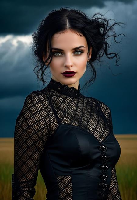 Photographic portrait of a gothic girl, DV_Manuela_Vicious, wearing black, dark dreams, black hair, alluring, seductive, radiant smile, storm clouds, whimsical charm, ethereal glow, freckles, tack sharp focus on eyes, one arm behind head Masterpiece, intricate lines, intriguing atmosphere, sharp magnificent details, delicate features, elaborate details, (2\3 rule composition:0.6), fFaceDetail, <lora:add-detail-xl:0.85>