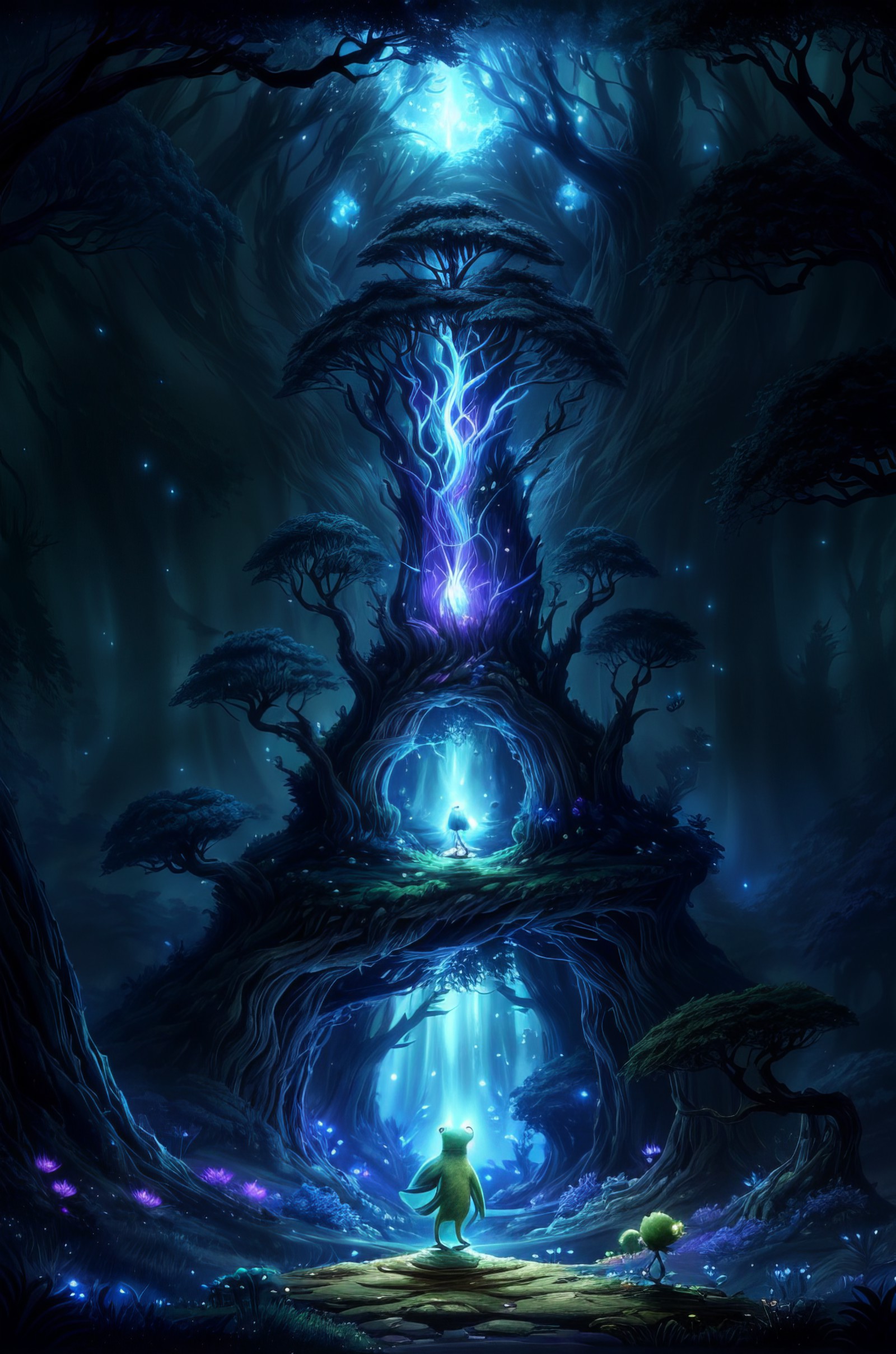ori, forest with frog face rock and tree on night, (Ori and the Blind Forest), (Ori and the Will of the Wisps), 2D game, d...
