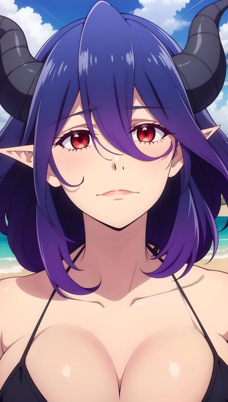 (real horns:1.3)_tail_devil tail_pointy ears_red eyes_purple hair highlights_ purple hair_(medium shoulder-length hair:1.3)huge breasts