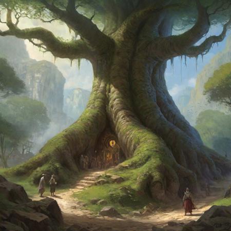 (Illustration by james gurney), Create an illustration representing the concept of an 'Icon' within a tabletop roleplaying game, akin to the detailed and immersive environments seen in classic adventure and fantasy art. The image should depict a majestic, sentient entity that seamlessly integrates with a fantastical landscape, evoking a sense of wonder and exploration. Imagine a grand, ancient tree, its branches and roots intertwined with the landscape of a lush, vibrant forest, symbolizing its unity with the land it governs. The entity's face could be subtly woven into the tree's trunk, conveying wisdom and serenity. Surrounding flora and fauna should reflect a symbiotic relationship with the Icon, with elements of the landscape subtly mirroring the Icon's features, emphasizing its dual nature as both character and setting. Use a palette of rich, natural colors and a focus on lighting to bring the scene to life, reminiscent of the vivid and realistic approach used in classic illustrated adventure books.
g, sd15_journalSketch, white background