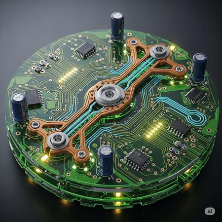 An ancient Greek Antikythera Mechanism reimagined as a futuristic circuit board. Translucent green PCB layers replace the bronze gears; delicate copper traces snake around miniature surface-mount chips and glowing LED indicators that form zodiac symbols. Hyper-realistic macro close-up, ultra-detailed, intricate fusion of mechanical and electronic elements, dramatic ambient lighting, shallow depth of field, 8K resolution, cinematic composition.