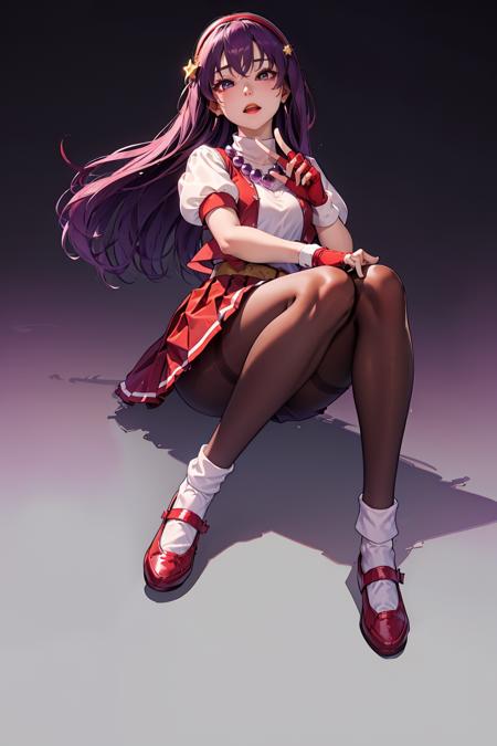 (masterpiece, top quality, best quality, official art, beautiful and aesthetic:1.2), (1girl:1.3), (fractal art:1.3), 
solo, athena97,
red shoes,(white socks:1.3),deep red pantyhose,
purple eyes, purple hair, long hair,red hairband, white turtleneck,white puffy sleeves,red pleated skirt,yellow belt,puple spherical necklace,red  fingerless gloves,red open vest,
star hair ornament, earrings
 medium breats,short sleeves,
outdoors,city background,
 <lora:Athena97:0.8>