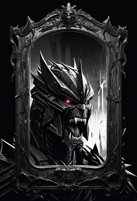 Dark fantasy illustration. Fantasy concept art. Monochrome image, scary, Megatron screams silently inside an old broken mirror, disturbing atmosphere, dark light