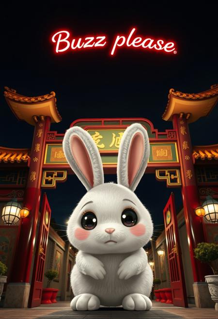 a traditional Chinese archway decorated with red and gold accents. Above the gate, "Buzz please" glows brightly in the night sky. 
An adorable bunny with huge shining eyes, begging sad expression,