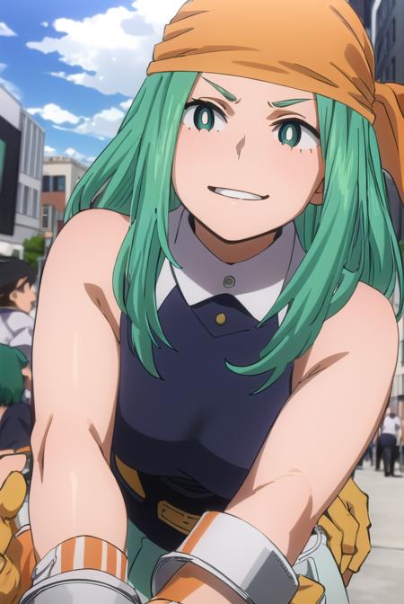 emifukukado, <lora:emi fukukado s3-lora-nochekaiser:1>,
emi fukukado, long hair, (green eyes:1.5), (bright pupils:1.5), green hair, smile,
BREAK skirt, shirt, gloves, bare shoulders, school uniform, white shirt, sleeveless, belt, bandana, orange gloves,
BREAK outdoors, city, sun, clouds, sky,
BREAK looking at viewer,
BREAK <lyco:GoodHands-beta2:1>, (masterpiece:1.2), best quality, high resolution, unity 8k wallpaper, (illustration:0.8), (beautiful detailed eyes:1.6), extremely detailed face, perfect lighting, extremely detailed CG, (perfect hands, perfect anatomy),