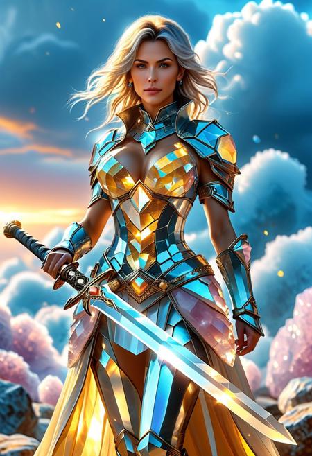 (masterpiece), (best quality), (masterpiece:1.5), source anime, anime style, a middle-aged beautiful french woman dons a large, silver, warlock-style armor with huge breast adorned with shimmering yellow crystals. She wields an oversized sword with a hilt encrusted with various shades of gem stones, enhancing its mystical aura. Her outfit, reminiscent of dark fantasy and magic, is accented with quartz and crystals, adding a whimsical touch to her menacing appearance. The character stands against a backdrop of swirling, nebulous clouds and a hexagonal structure with vibrant yellow hues reflecting off its surface, surrounded by smaller pieces of quartz and crystals. <lora:rosequartzjade:0.55> reij-rsqrtzjd <lora:Fluorite_Mineral_SDXL:0.55> fluorite mineral, flu0rite, iridiscent <lora:ral-crztlgls:0.55> ral-crztlgls <lora:MJ52:0.45> <lora:MJ52_v2.0:0.65>, masterful composition, dynamic volumetric lighting, ray_tracing, reflection,