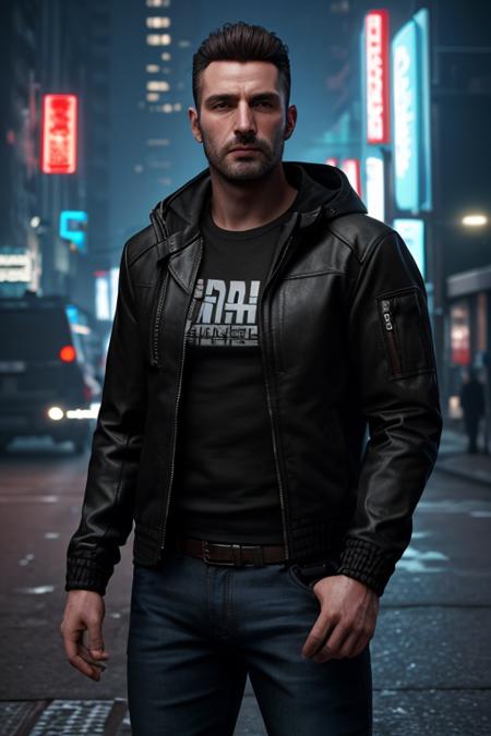 masterpiece, best quality, man wearing street jacket cyberpunk, photorealistic, upperbody, low lighting, big city