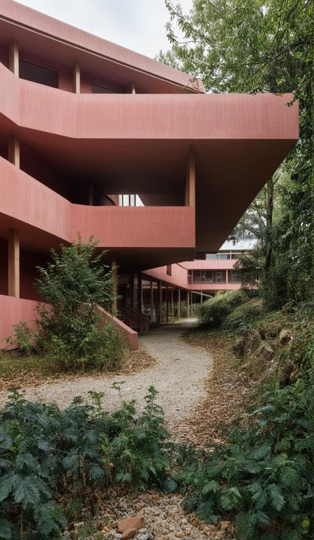 RAW photo, architecture photography,  <lora:FormFinder-XL_v2:0.7>, retro-futurist little school kindergarden in the middle of a residential periurban area in France, Nantes,  <lora:add-detail-xl:1.2>
form inspired by Critical regionalism architecture, ((terrassed building)) with vegetalized roof and vegetation on the different levels, parametric architecture,
designed by Ricardo Bofill ,
made of  complex timber frame structure,  red tinted concrete, base of the building with massive stone, stonework
cinematic shot, at dawn with pastel sky,  diffused light, 
constructed on rocky terrain,
Nikon AF-S 70-200mm f/2.8G ED VR II, long exposure, super realistic, 8k, professional photography  <lora:epi_noiseoffset2:5>
