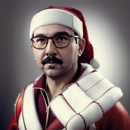 Felix, a man with black frame glasses, with a bandage, dressed as santa, portrait, photography, trending on artstation, sharp focus, intricate details, highly detailed, by greg rutkowski   <lora:Felix:1>