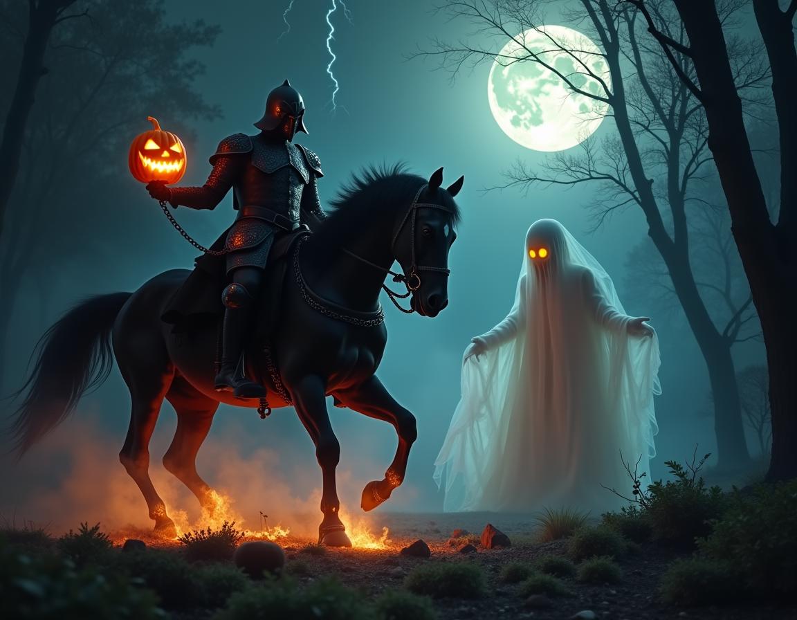 masterpiece, (best quality), ultra-detailed, (Headless Horseman vs Ghost), (spooky atmosphere:1.5), (dark forest at night), glowing full moon, (Headless Horseman in dark armor:1.3), holding a flaming pumpkin in one hand, (riding a black horse with fiery hooves), (ghostly mist surrounding the horse), (spectral ghost:1.4), glowing ethereal form, tattered ghostly robes, (battle scene), (intense glowing eyes on the ghost), swirling dark fog, (lightning in the sky), (eerie shadows cast by trees), (ghostly chains wrapping around the horse), (floating debris), (pumpkin flames illuminating the scene), (misty battlefield)