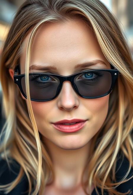 A close-up portrait of a 30-year-old Scandinavian woman with fair skin and a natural glow, showing subtle signs of maturity. Her slightly wavy blonde hair falls around her shoulders, framing her face in a soft, natural style. She wears dark sunglasses pushed slightly down on her nose, revealing her blue eyes with a captivating, mysterious gaze. She has a hint of makeup that emphasizes her natural beauty, with a touch of blush and a neutral-toned lipstick.
The background is softly blurred, with urban elements that hint at a modern city setting without distracting from her face. The lighting is soft and natural, creating gentle highlights and shadows that bring out the texture of her skin and the depth in her eyes. The portrait is rendered in an ultra-realistic photographic style, with meticulous attention to details such as the texture of her hair, the reflection in her eyes, and the fine lines of her expression, resulting in a high-resolution, lifelike image
