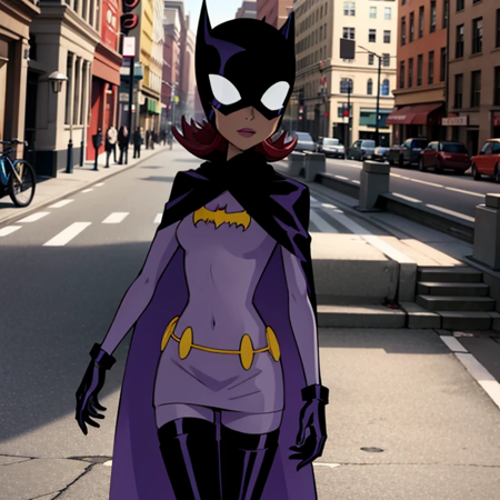 batgirl,1girl,solo,mask,white eyes,no pupils,black cape,bat print,purple bodysuit,utility belt,black gloves