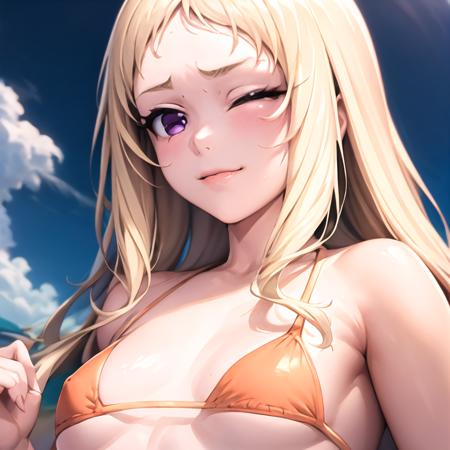 best quality, masterpiece, ultra-detailed, 1 girl, solo, yomozuki runa, blonde hair, purple eyes, long hair, ((orange bikini)), small breasts,  wink, beach,