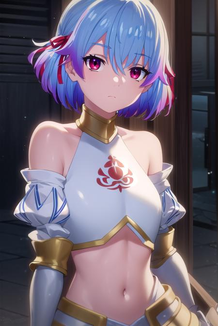 rutiragnason, <lora:ruti ragnason s1-lora-nochekaiser:1>,
ruti ragnason, short hair, (red eyes:1.3), ribbon, blue hair, hair ribbon, ahoge,
BREAK dress, bare shoulders, detached sleeves, armor, breastplate,
BREAK outdoors,
BREAK looking at viewer, (cowboy shot:1.5),
BREAK <lyco:GoodHands-beta2:1>, (masterpiece:1.2), best quality, high resolution, unity 8k wallpaper, (illustration:0.8), (beautiful detailed eyes:1.6), extremely detailed face, perfect lighting, extremely detailed CG, (perfect hands, perfect anatomy),