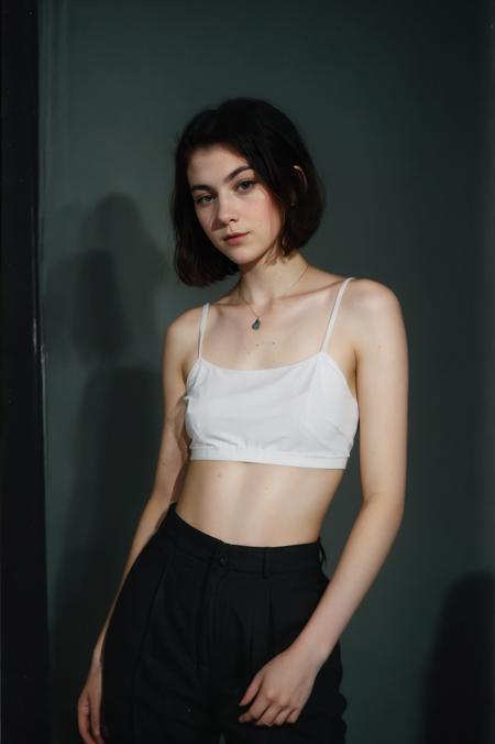 (closeup) Portrait of pretty young (18-year-old) pale milky white skin Caucasian (futuraaurora9600v5) ((Standing with one foot pointed, hands on hips, highlighting grace and poise.:1.07)), (flat chest:1.15), outdoor, BREAK blonde Chic Bob: A sleek and angled bob hairstyle that exudes modern elegance., no makeup, long dainty necklace,(( Mint green pleated camisole with tailored trousers.)) , <lora:epi_noiseoffset2:1> BREAK (magazine cover:1.10), BREAK (masterpiece, extremely detailed skin, photorealistic, heavy shadow, dramatic and cinematic lighting, key light, fill light), sharp focus, BREAK location is (outdoor Florence, Italy), <lora:InstantPhotoX3:0.7>