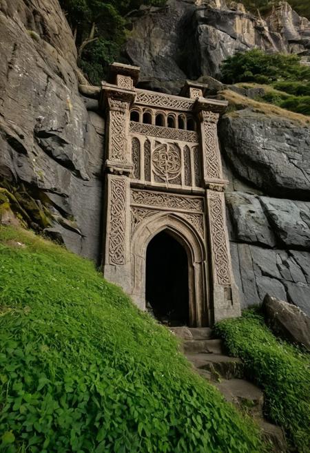 raw photo, (closeup) (wideshot) a sunset landscape, PNW coast, forested ravine cliffs, , cozy, photorealistic, abandoned Towering Stone gateway entry into dark the side of rocky mountain cliff face, (dwarven: 1.39), high fantasy style, high detailed texture, 8k uhd, dslr, soft lighting, high quality, film grain, Fujifilm XT3, Sony A7 IV, highly detailed photography, (muted colors, cinematic, dim colors, soothing tones:1.2), vibrant, insanely detailed, hyperdetailed, (dark shot:1.2), (vsco:0.3), (intricate details:0.9), (hdr, hyperdetailed:1.2) (highest coherency: 1.39) (highest quality: 1.39) (rule-of-thirds) (award-winning) (masterclass) (highest resolution: 1.39) (castle architecture built into cliff: 0.69) (protruding from hillside) (rounded doorway) (glowing elven celtic knot designs) (carved from the rock: 1.49)