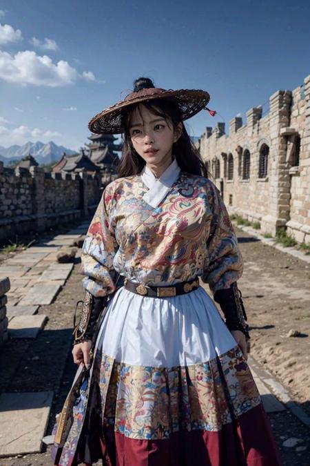 breasts outline, breast shape visible through clothing, big beautiful breasts,Ancient Chinese fortresses background, city walls,desert, 1girl,  masterpiece, 8k, best quality, photorealistic,    outdoor, stand, snow,    light white feiyufu, sword ,