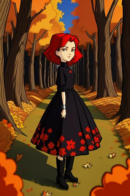 <lora:Invader Zim Style:1> invader_zim_style, 1girl, standing in forest, autumn, trees, flower, leaves, changing leaves, warm colors