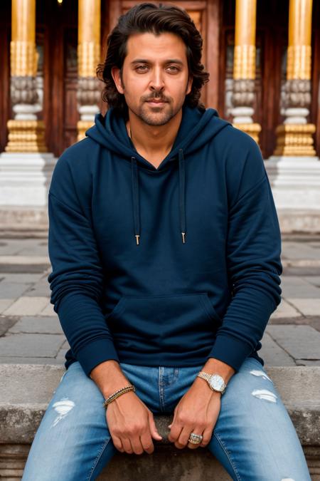 (closeup portrait photo:1.2), (hrxw man:1),  in Bangkok, at the Wat Arun temple, Ripped jeans and oversized hoodie, by Annie Leibovitz, epic character composition,
 <lora:HrithikRoshanDogu:1>