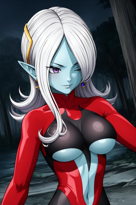 towa, 1girl, solo, purple eyes, white hair, long hair, hair over one eye, parted bangs, hair ornament, jewelry, earrings, pointy ears, colored skin, blue skin, red bodysuit, turtleneck, center opening, clothing cutout, skin tight, long sleeves, underboob,