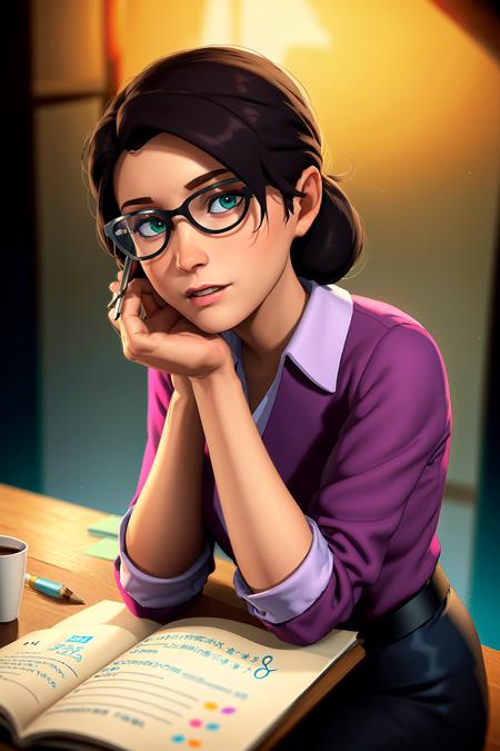 portrait, Miss Pauling, pencil skirt, intricate details, dark shot, muted colors, film grainy, soothing tones, technicolor, ((muddy)0.6)