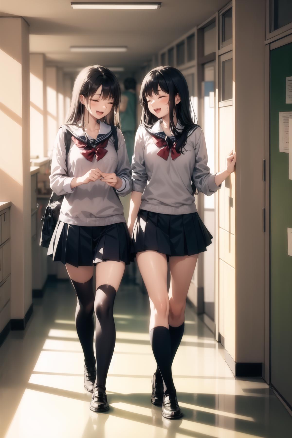 Two girls in school uniforms walking down a hallway.