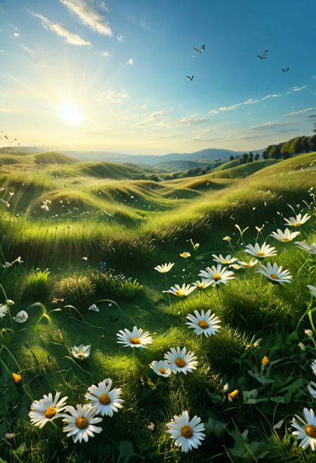 A peaceful grassy field under bright blue skies, golden sunlight streaming down, scattered daisies and butterflies creating a playful vibe, a gentle breeze rustling through the grass, serene and calming ambiance, inviting nature scene with rolling hills in the background, balanced composition, 8k,