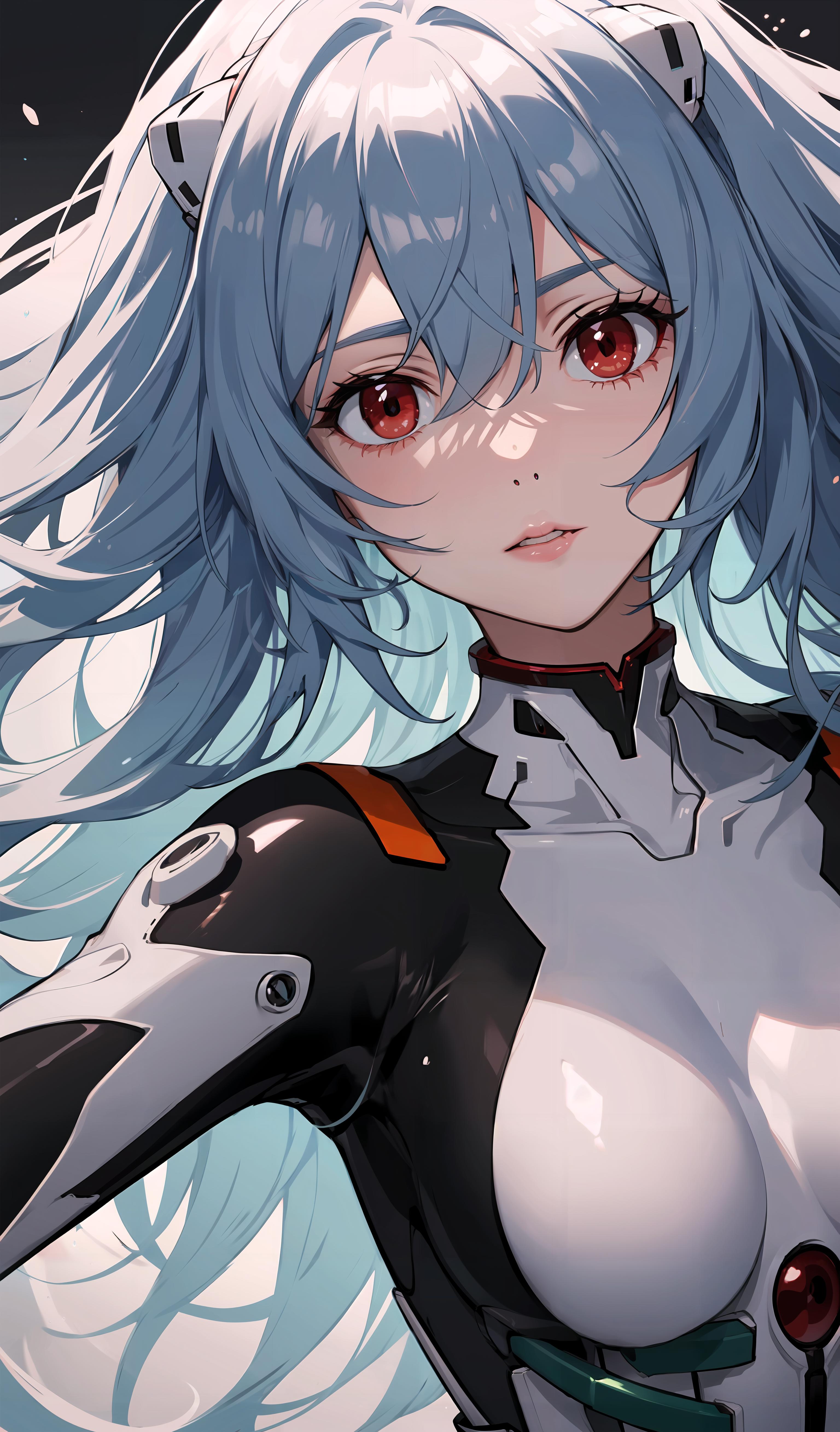 A beautiful blue haired woman in a black and white outfit with red eyes.
