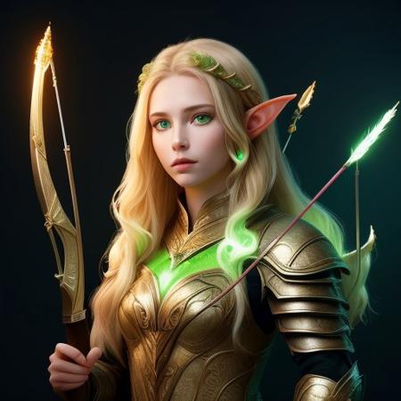 DonM3lv3s, masterpiece, best quality, 8k, symmetrical, 1girl, elf warrior, green eyes, blonde hair, armor, archer, magical clothes, stern look, intimidating, holding golden bow, holding bow, magical arrow, blue glowing arrows, simple background, dark background