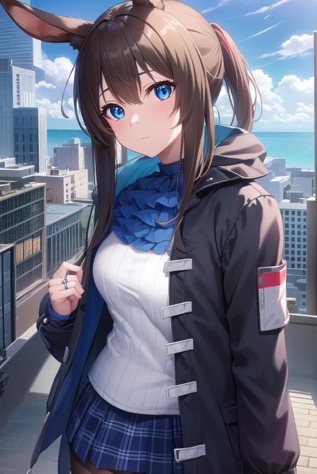 arknightsamiya, animal ears, blue eyes, brown hair, hair between eyes, ponytail, rabbit ears, rabbit girl, sidelocks, anklet, ascot, black jacket, blue ascot, blue collar, blue footwear, blue skirt, brown pantyhose, buttons, collar, jacket, jewelry, long sleeves, miniskirt, multicolored clothes, multicolored jacket, open clothes, open jacket, pantyhose, plaid, plaid skirt, pleated skirt, pocket, puffy long sleeves, puffy sleeves, red ribbon, ribbon, ring, shirt, skirt, striped, striped shirt, thighlet, two-tone jacket, vertical stripes, vertical-striped shirt, (white shirt:1.5),