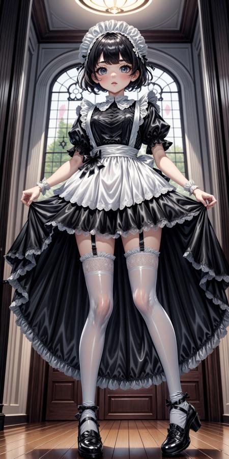 Collared Satin Maid Dress with Ribboned Lace Apron V1