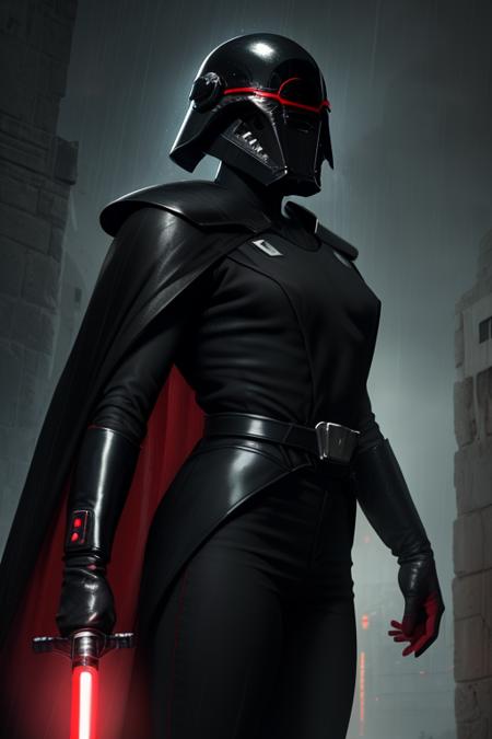 Trilla, standing, upper body,
TriArmor,cape ,helmet with red visor , armor ,black gloves ,bodysuit,black footwear ,black cape,black pants ,
red lightsaber, holding weapon,  
raining, metal platform, night,  
(insanely detailed, beautiful detailed face, masterpiece, best quality),<lora:Trilla:0.7>,