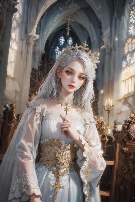 (absurdres, highres, ultra detailed), 1girl, solo, mature, aged up, (silver hair), Baroque, long dress, long sleeve, elegant, colorful, highest detailed, upper body, cathedral, holy, (closed mouth), dutch angle