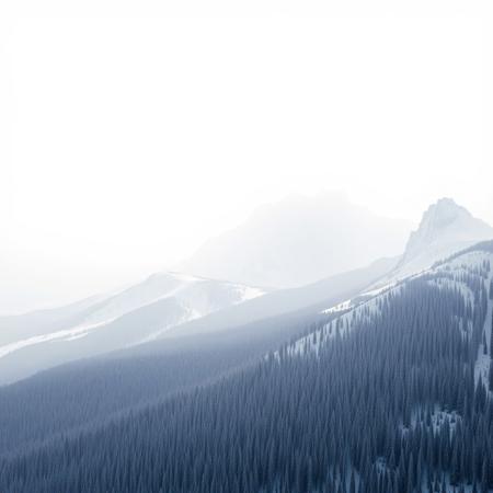Snowy Hilltop, Bright White Sky, Whiteout, Deep Forest Below, (Crystallization Fragmentation), Alpine Slopes, Towering Rocky Craters, Realistic, Blizzard, <A-3>, Massive Scale, HighRes