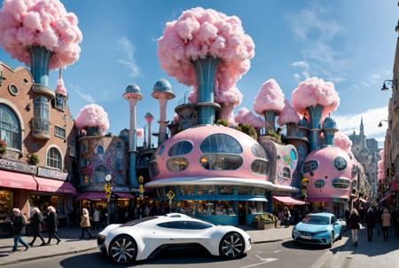 Dali style Futurist style Surrealist style Surrealist art (finely intricate details:1.4)  (ultra high resolution:1.2), 8k,  Canon eos 5d mark 4,   (very high resolution). (volumetric lighting) a futuristic distopic dictatorial town candyfloss,  national geographic photo of  (a traditional architecture (light bulb:0.2) futuristic with (wonderful fresco graffiti:0.8) town centre:1.5),(homeless people walking in the street:1.3) , (shop:1.1), (the buildings are weathered:0.5).  (futuristics electric atomic vehicles:1.5 )in the streets. (garden:0.05) , (various colors). intricate, detailed, dreamlike, mysterious <lora:xl_more_art-full_v1:1>  <lora:Surreal Harmony:0.8> Surreal Harmony . dreamlike, irrational, unexpected juxtapositions, highly detailed . dynamic, technology, speed, highly detailed . Surrealist, dreamlike, bizarre, symbolic, "realistic