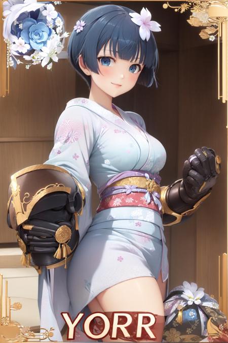 (masterpiece, best quality:1.2), <lyco:senrankagura_yozakura-14:1.0>, card \(medium\), cowboy shot, solo, 1girl, yozakura, smile, looking at viewer, hair flower, japanese clothes, kimono, gauntlets