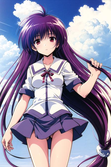 Iriya Kana, 1girl, solo, long hair, skirt, school uniform, low-tied long hair, purple hair, very long hair, cloud, sky, short sleeves, pleated skirt, day, holding, red eyes, standing, looking at viewer, shirt, bangs, parted lips, white shirt, ass visible through thighs,  <lora:Komatsu Eiji:0.8>,  <lora:ä¼ééå å¥:0.6>