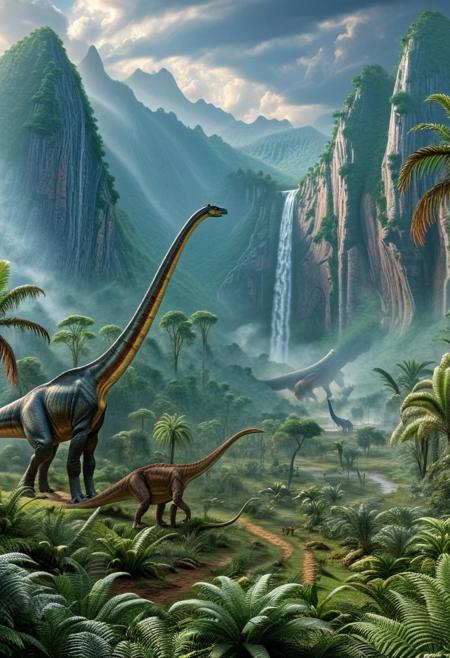 imagine that we have moved back in time to the Jurassic period, we observe a picture of a landscape from the Jurassic period, and a picture of an extinct world with lush and tall vegetation, biodiversity of different types of dinosaurs characteristic of that period is revealed to us, in the sky pterodactyls pierce the clouds, Diplodocus, brachiosaurus graze below, T-REX stalks from the dense forest for its prey, the image is panoramic with ultra high quality and detail, the photographed objects are sharp in focus, Light: "soft natural light", "dramatic lighting", super realistic, huge trees ,stunning views of waterfalls, and landscapes