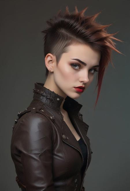 Sexy 18 yeear old punk Romanian female, mowhawk, makeup, lipstick, brown leather armor