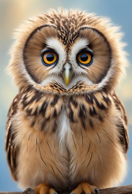 Photorealistic oil paintingprofessional photograph of a cute fluffy owl chick with big bright eyes, centered composition with soft white feathers and a playful expression. A light pastel background with gentle curves enhances the scene. A detailed 3D rendering capturing warm lighting, soft shadows, and fuzzy texture, perfect viewpoint, highly detailed, wide-angle lens, hyper realistic, with dramatic sky, polarizing filter, natural lighting, vivid colors, everything in sharp focus,