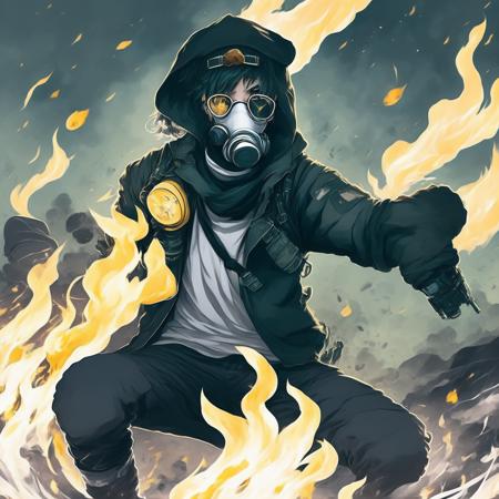 anime Surrounded by fire, hip hop pose, Portrait of the Gas Mask Senpai (GasmaskSenpai style:1) <lora:djzGasmaskSenpai:0.8)