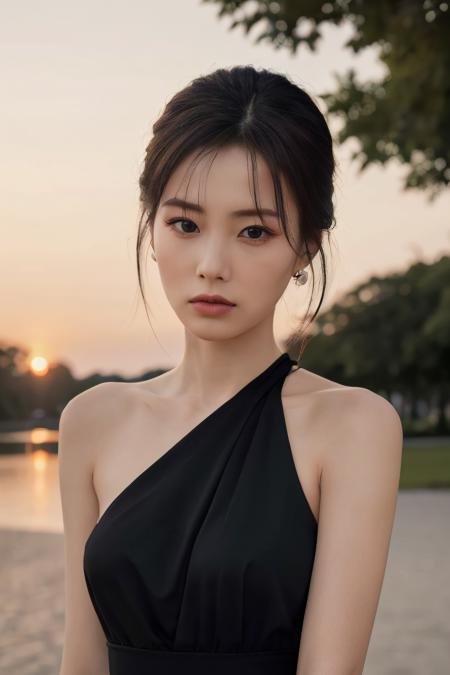 a woman, (photograph), masterpiece, (realistic), (hyperrealism), (photorealistic), (upper body:1.3), eye makeup:0.8, looking at the viewer, black dress, at the park, (sunset),  <lora:httphyewon:0.45>