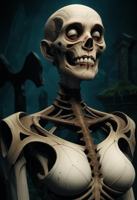 ((ultra intricate details, glossy, smooth, comic style, airbrushed)), vast haunted graveyard, terrifying female spectral ghost in an ancient graveyard, (ugly gaunt evil expression), ((emaciated)), (ethereal body), ripped clothing, ((everything see-through, ephemeral)), visible bones, stretched skin over a skull like face,  professional,